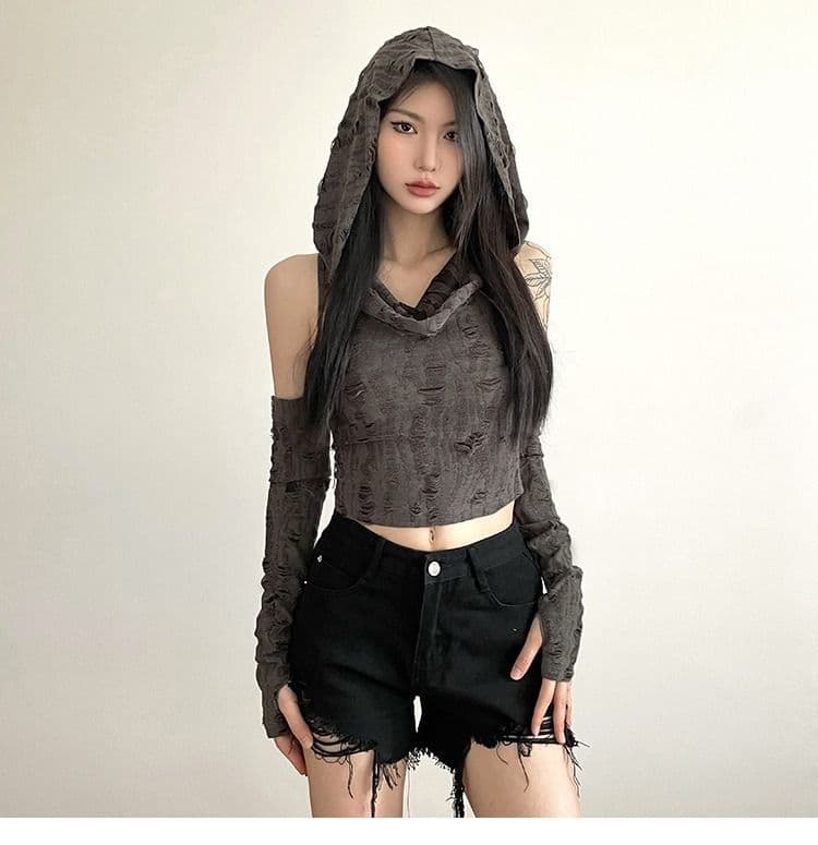 있음 선적 원본 찢어진 부분 천 섹시함 핫걸 후드 맨위 여성 오프숄더 슬림해 보이는 디자인 센스 쇼트 스타일 티셔츠 상세 이미지 4