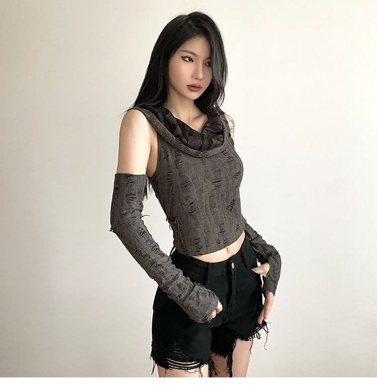 있음 선적 원본 찢어진 부분 천 섹시함 핫걸 후드 맨위 여성 오프숄더 슬림해 보이는 디자인 센스 쇼트 스타일 티셔츠 상세 이미지 5