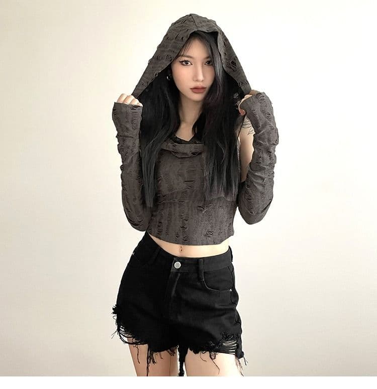 있음 선적 원본 찢어진 부분 천 섹시함 핫걸 후드 맨위 여성 오프숄더 슬림해 보이는 디자인 센스 쇼트 스타일 티셔츠 상세 이미지 6