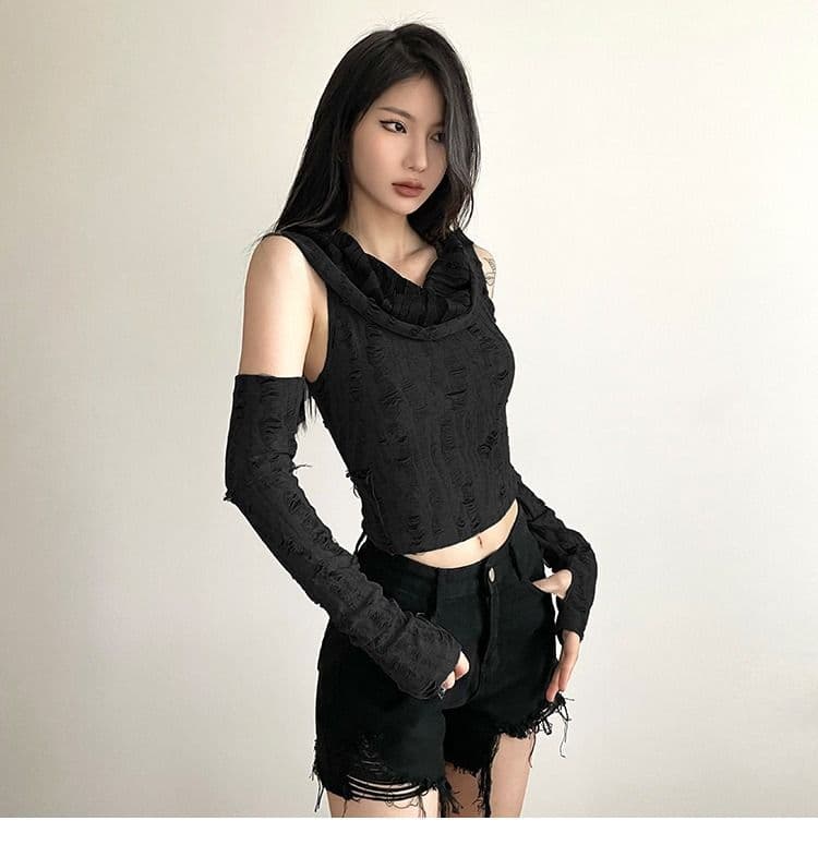 있음 선적 원본 찢어진 부분 천 섹시함 핫걸 후드 맨위 여성 오프숄더 슬림해 보이는 디자인 센스 쇼트 스타일 티셔츠 상세 이미지 7