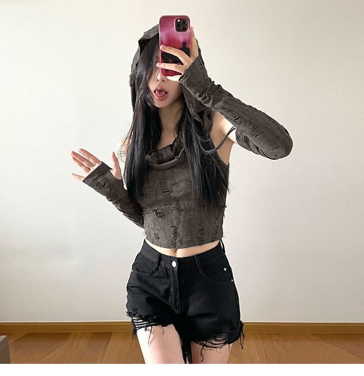 있음 선적 원본 찢어진 부분 천 섹시함 핫걸 후드 맨위 여성 오프숄더 슬림해 보이는 디자인 센스 쇼트 스타일 티셔츠 상세 이미지 8