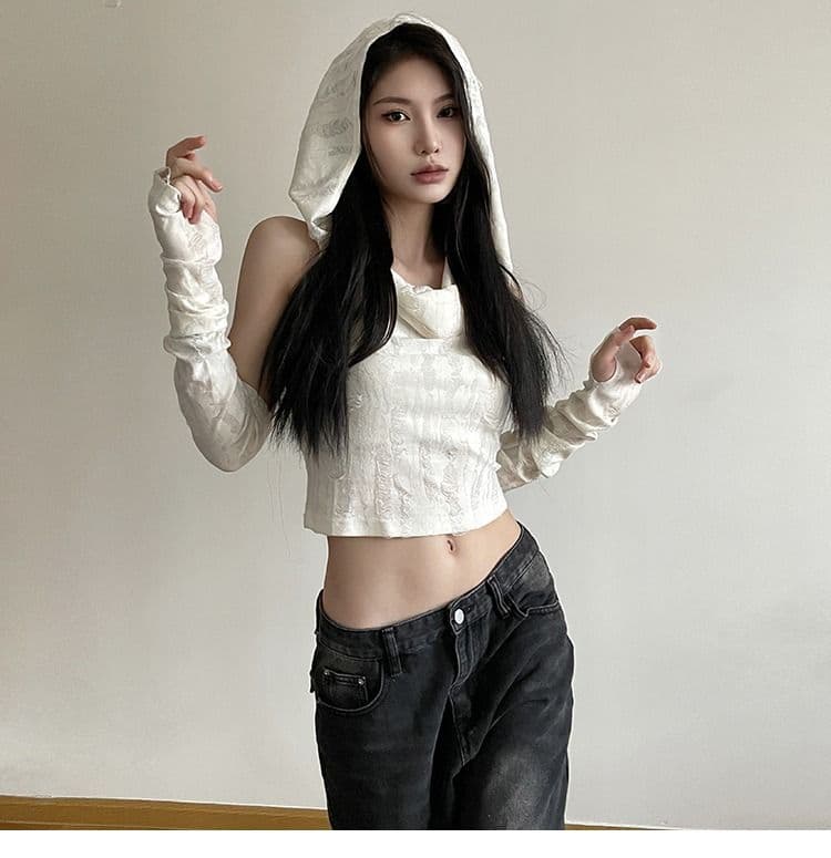 있음 선적 원본 찢어진 부분 천 섹시함 핫걸 후드 맨위 여성 오프숄더 슬림해 보이는 디자인 센스 쇼트 스타일 티셔츠 상세 이미지 13