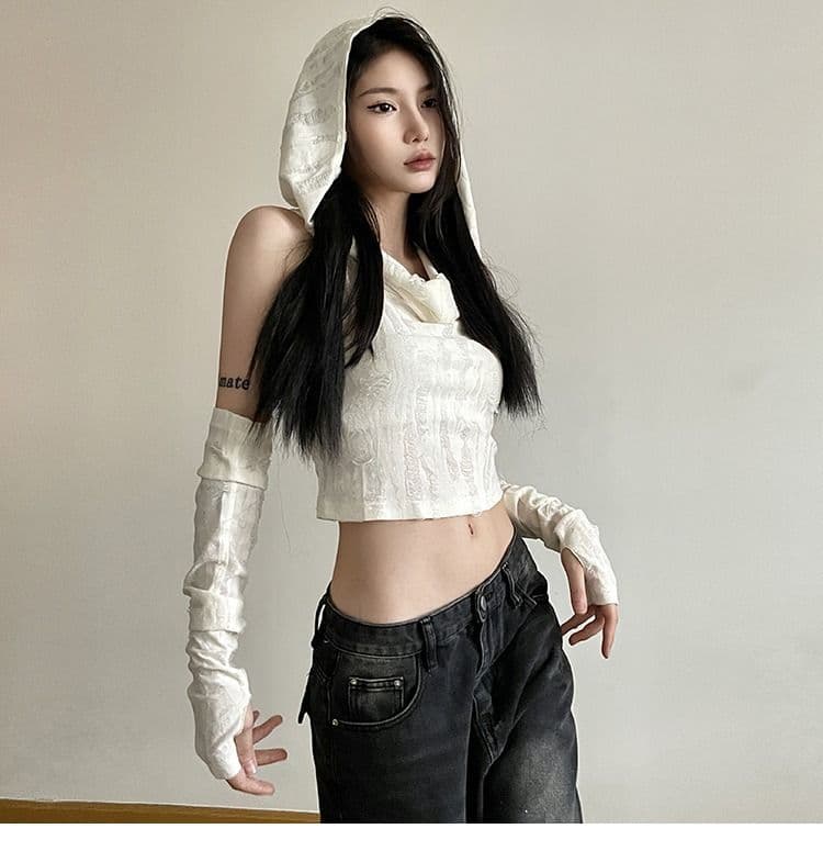 있음 선적 원본 찢어진 부분 천 섹시함 핫걸 후드 맨위 여성 오프숄더 슬림해 보이는 디자인 센스 쇼트 스타일 티셔츠 상세 이미지 14