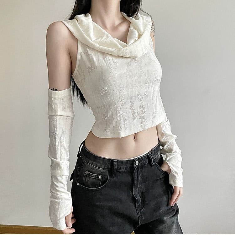 있음 선적 원본 찢어진 부분 천 섹시함 핫걸 후드 맨위 여성 오프숄더 슬림해 보이는 디자인 센스 쇼트 스타일 티셔츠 상세 이미지 17