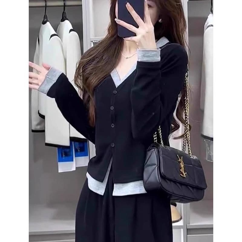 원본 사람들 면 페이크 레이어드 V넥 긴팔 티셔츠 여성 이른 가을 기본 셔츠 슬림해 보이는 니트 오픈 가디건 맨위 이미지 2