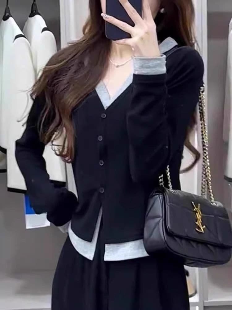 원본 사람들 면 페이크 레이어드 V넥 긴팔 티셔츠 여성 이른 가을 기본 셔츠 슬림해 보이는 니트 오픈 가디건 맨위 이미지 3