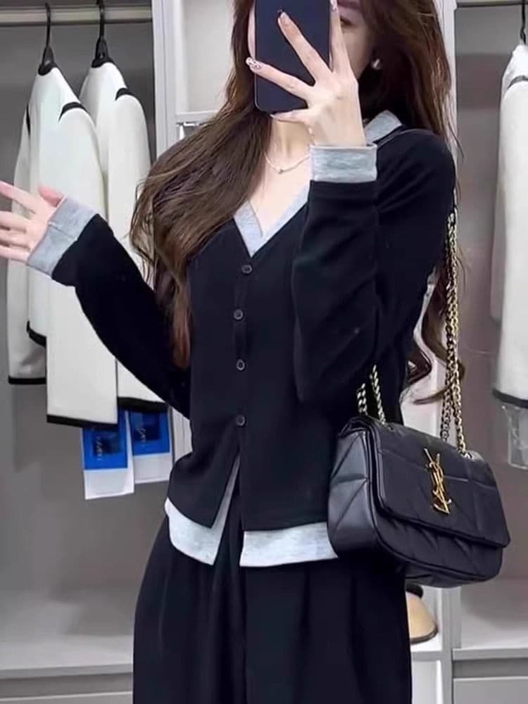 원본 사람들 면 페이크 레이어드 V넥 긴팔 티셔츠 여성 이른 가을 기본 셔츠 슬림해 보이는 니트 오픈 가디건 맨위 상세 이미지 3