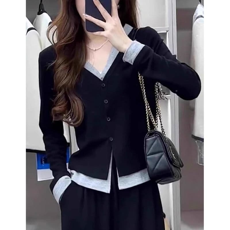 원본 사람들 면 페이크 레이어드 V넥 긴팔 티셔츠 여성 이른 가을 기본 셔츠 슬림해 보이는 니트 오픈 가디건 맨위 상세 이미지 5