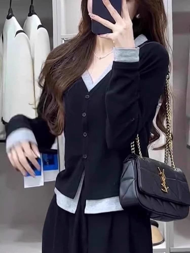 원본 사람들 면 페이크 레이어드 V넥 긴팔 티셔츠 여성 이른 가을 기본 셔츠 슬림해 보이는 니트 오픈 가디건 맨위 상세 이미지 7