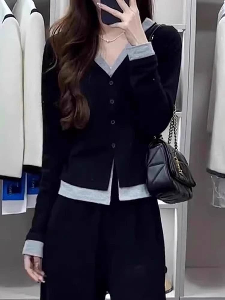 원본 사람들 면 페이크 레이어드 V넥 긴팔 티셔츠 여성 이른 가을 기본 셔츠 슬림해 보이는 니트 오픈 가디건 맨위 상세 이미지 8