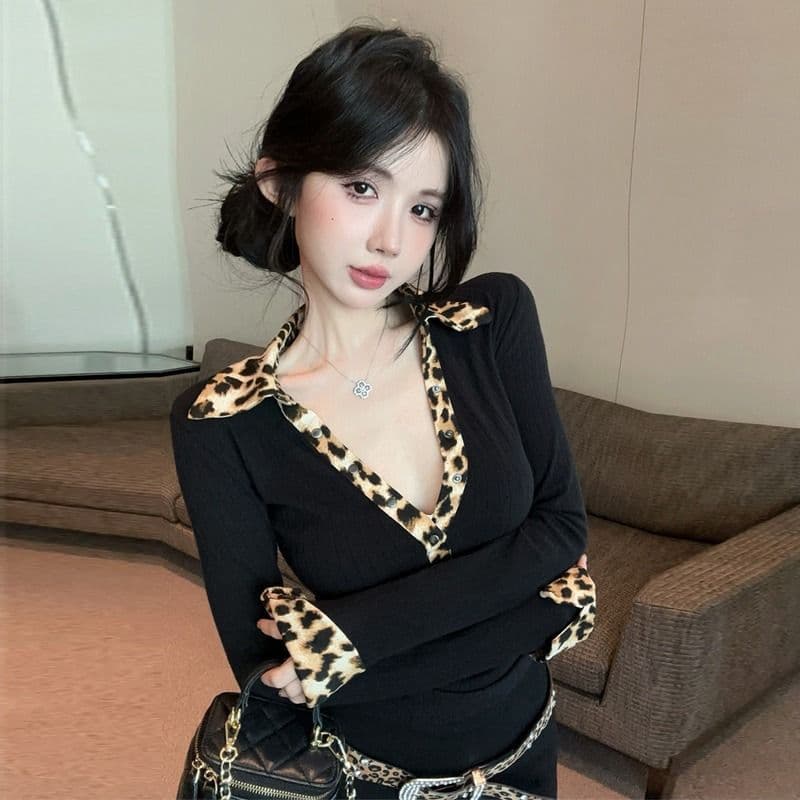 좋은 품질 패션 디자인 센스 레오파드 무늬 패치워크 POLO 칼라 깊은 v 티셔츠 몸매 가꾸기 다용도 맨위 트렌디