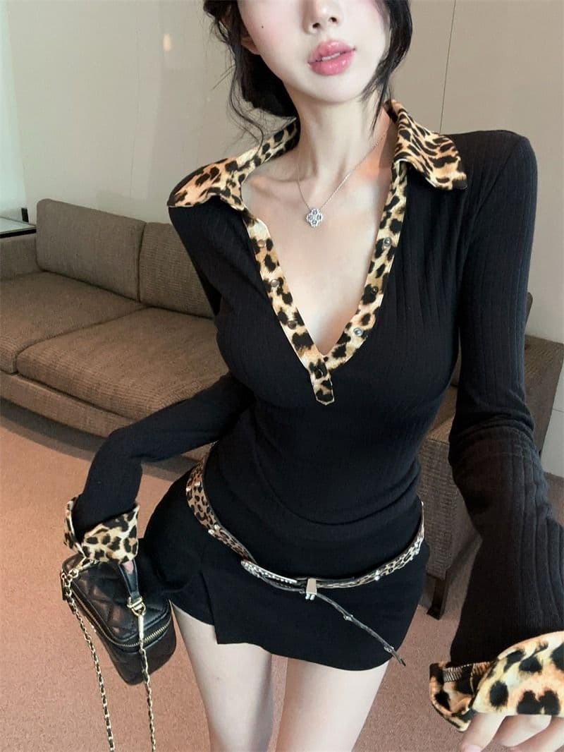좋은 품질 패션 디자인 센스 레오파드 무늬 패치워크 POLO 칼라 깊은 v 티셔츠 몸매 가꾸기 다용도 맨위 트렌디 상세 이미지 2