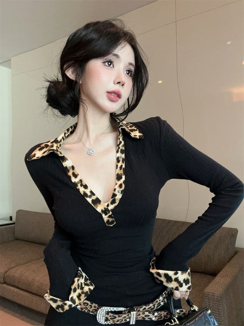 좋은 품질 패션 디자인 센스 레오파드 무늬 패치워크 POLO 칼라 깊은 v 티셔츠 몸매 가꾸기 다용도 맨위 트렌디 상세 이미지 4
