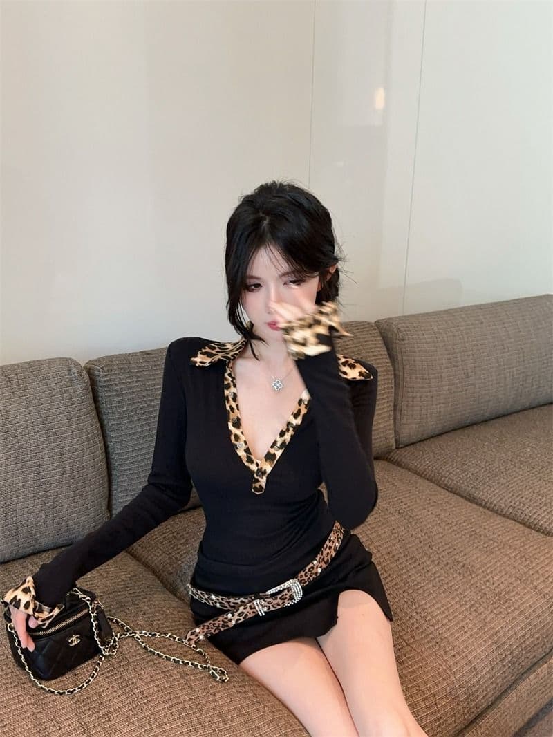 좋은 품질 패션 디자인 센스 레오파드 무늬 패치워크 POLO 칼라 깊은 v 티셔츠 몸매 가꾸기 다용도 맨위 트렌디 상세 이미지 6