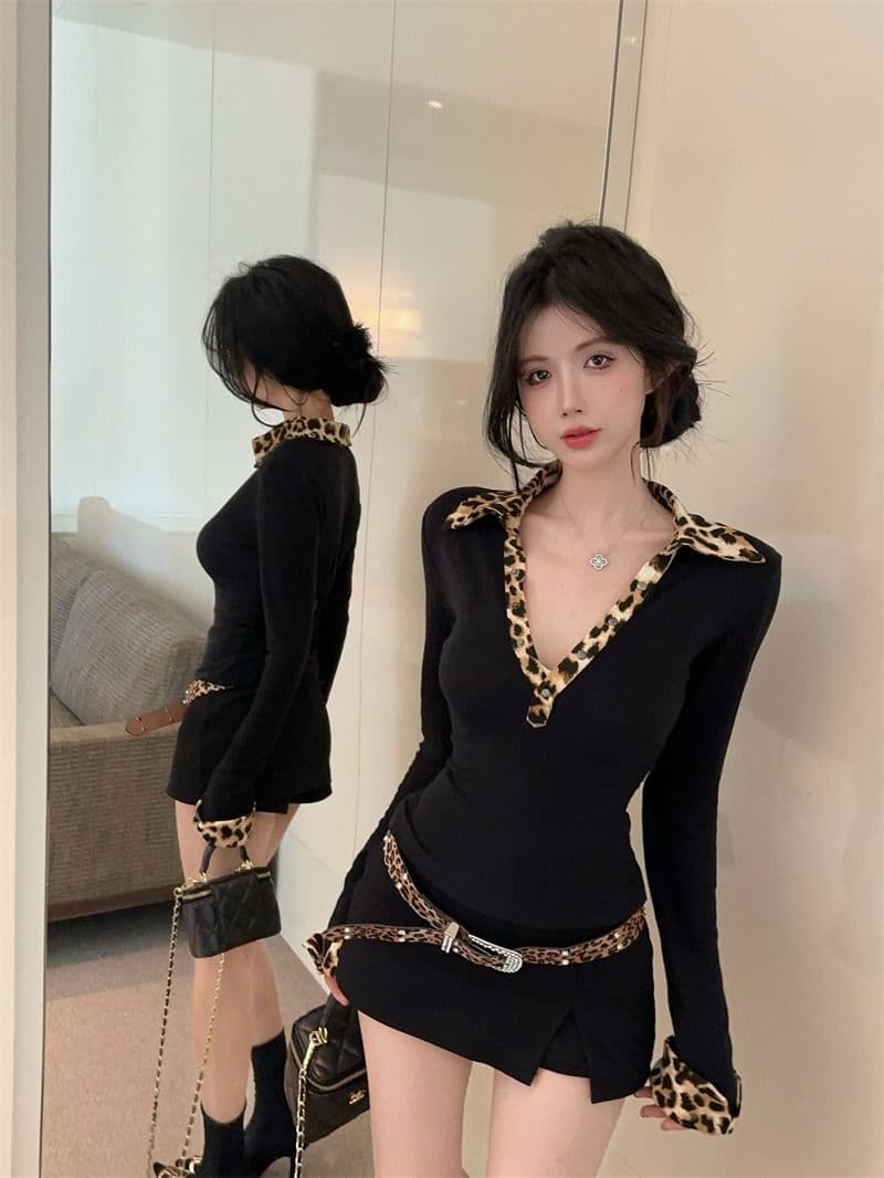좋은 품질 패션 디자인 센스 레오파드 무늬 패치워크 POLO 칼라 깊은 v 티셔츠 몸매 가꾸기 다용도 맨위 트렌디 상세 이미지 12