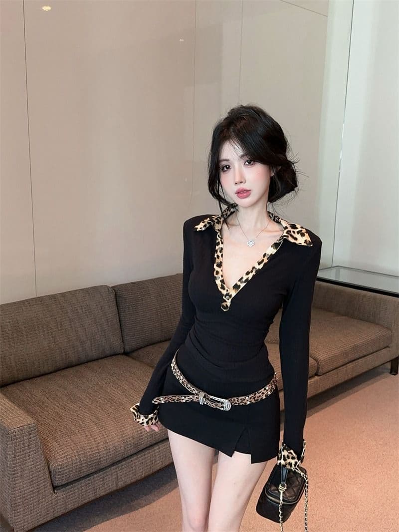 좋은 품질 패션 디자인 센스 레오파드 무늬 패치워크 POLO 칼라 깊은 v 티셔츠 몸매 가꾸기 다용도 맨위 트렌디 상세 이미지 14