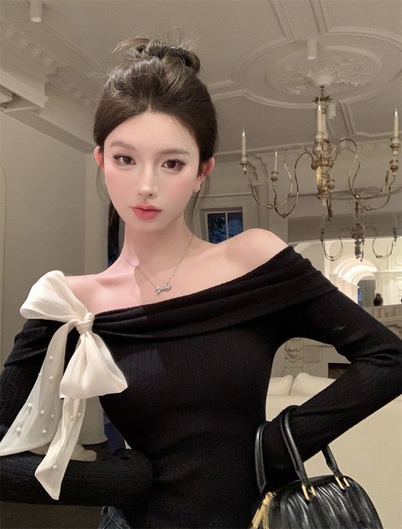 뮤 S 양모 빨간색 오프숄더 긴팔 니트 스웨터 여성 가을 착용 가져 가라. 몸매 가꾸기 스웨터 인사이드 잡아라. 의류