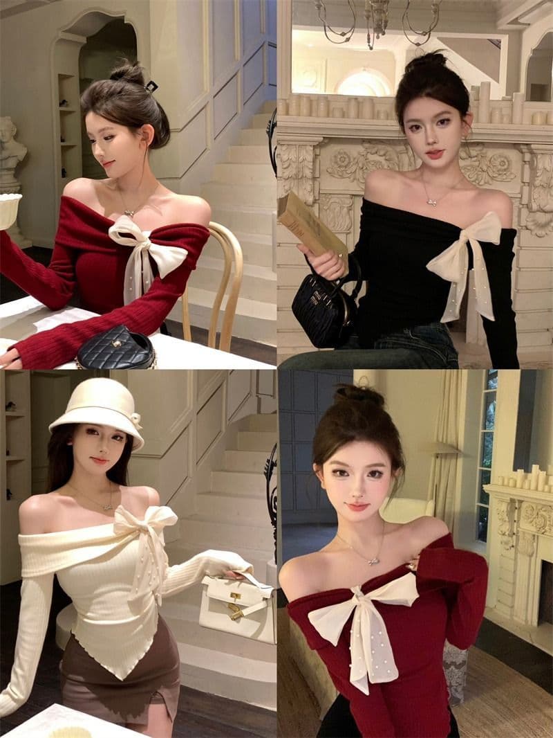 뮤 S 양모 빨간색 오프숄더 긴팔 니트 스웨터 여성 가을 착용 가져 가라. 몸매 가꾸기 스웨터 인사이드 잡아라. 의류 상세 이미지 2