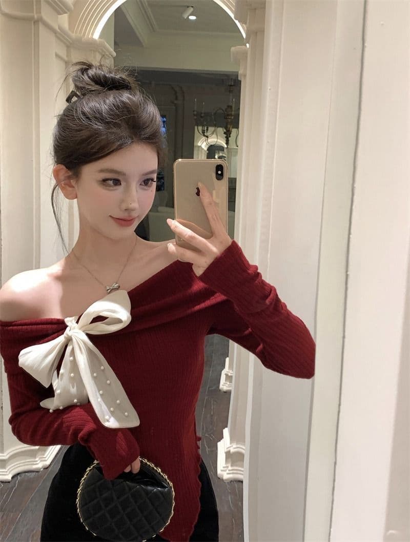 뮤 S 양모 빨간색 오프숄더 긴팔 니트 스웨터 여성 가을 착용 가져 가라. 몸매 가꾸기 스웨터 인사이드 잡아라. 의류 상세 이미지 3