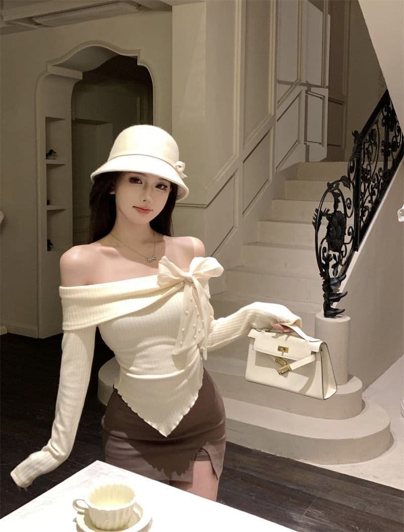 뮤 S 양모 빨간색 오프숄더 긴팔 니트 스웨터 여성 가을 착용 가져 가라. 몸매 가꾸기 스웨터 인사이드 잡아라. 의류 상세 이미지 4