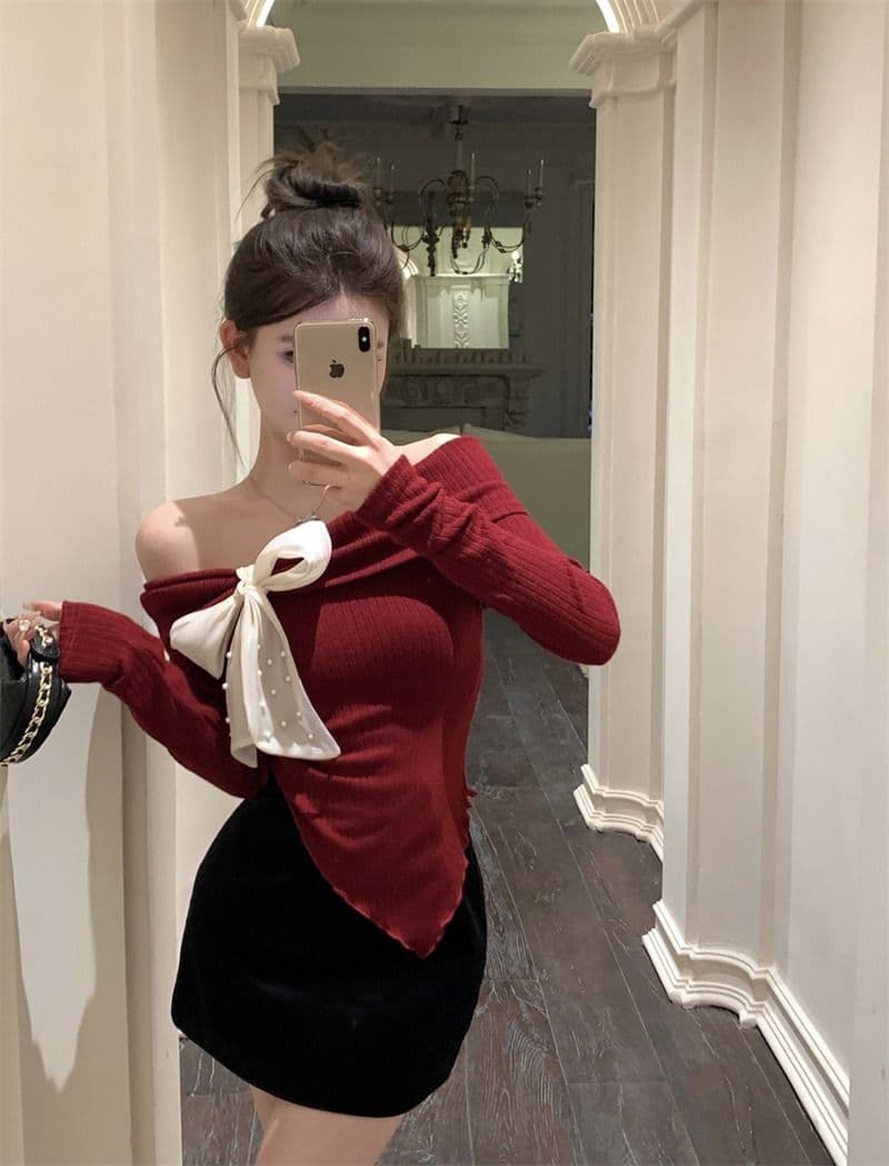 뮤 S 양모 빨간색 오프숄더 긴팔 니트 스웨터 여성 가을 착용 가져 가라. 몸매 가꾸기 스웨터 인사이드 잡아라. 의류 상세 이미지 6