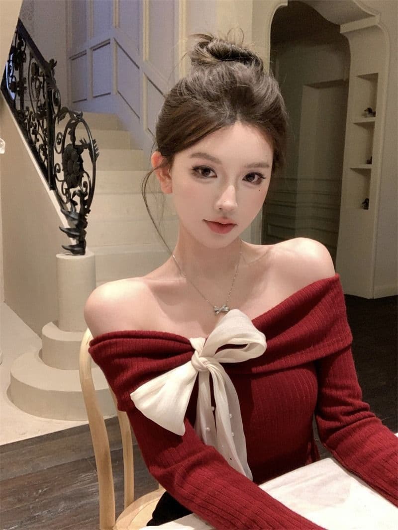 뮤 S 양모 빨간색 오프숄더 긴팔 니트 스웨터 여성 가을 착용 가져 가라. 몸매 가꾸기 스웨터 인사이드 잡아라. 의류 상세 이미지 7