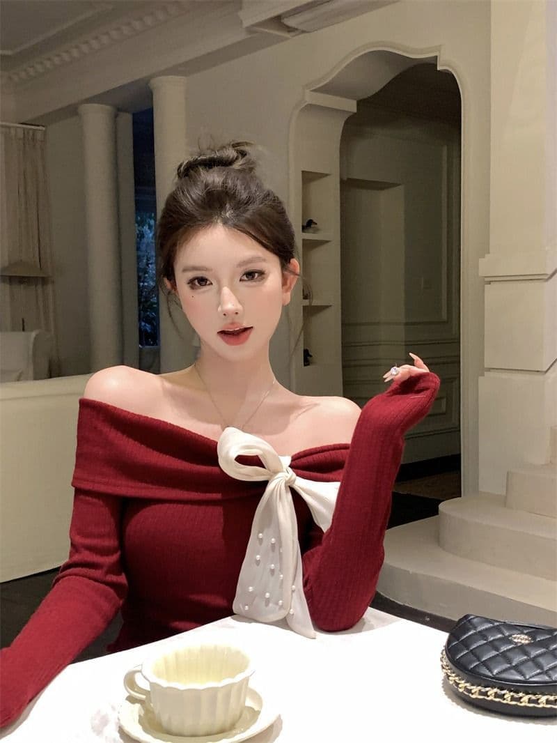 뮤 S 양모 빨간색 오프숄더 긴팔 니트 스웨터 여성 가을 착용 가져 가라. 몸매 가꾸기 스웨터 인사이드 잡아라. 의류 상세 이미지 8