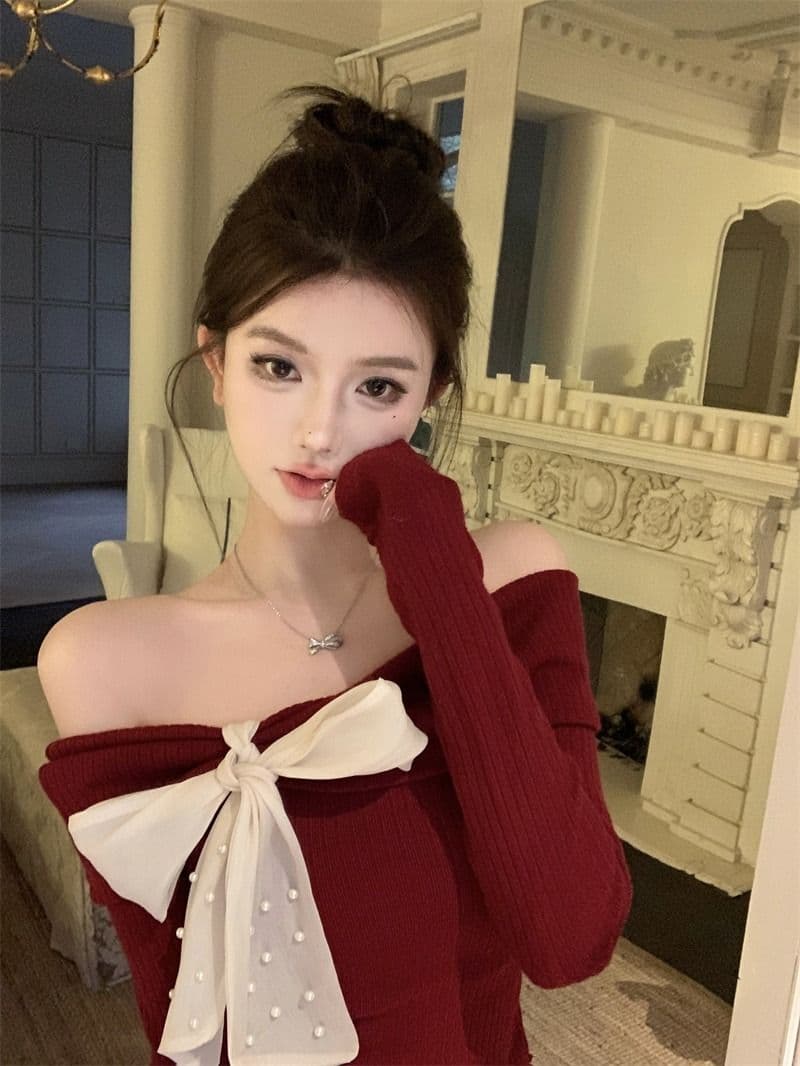 뮤 S 양모 빨간색 오프숄더 긴팔 니트 스웨터 여성 가을 착용 가져 가라. 몸매 가꾸기 스웨터 인사이드 잡아라. 의류 상세 이미지 10
