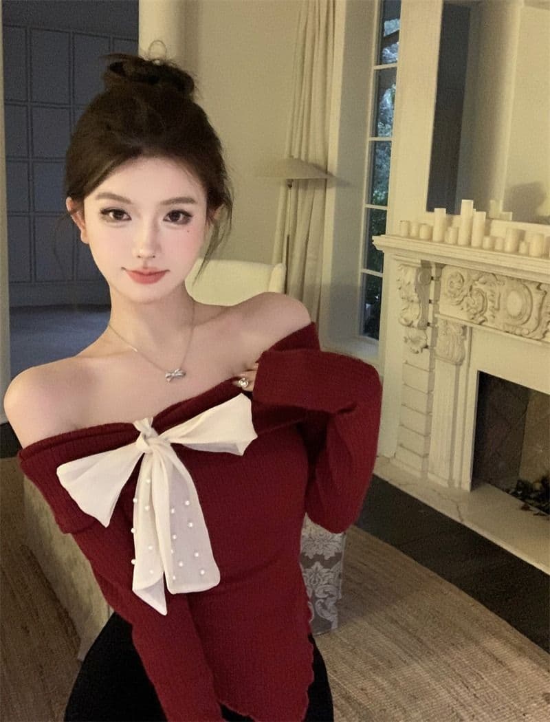 뮤 S 양모 빨간색 오프숄더 긴팔 니트 스웨터 여성 가을 착용 가져 가라. 몸매 가꾸기 스웨터 인사이드 잡아라. 의류 상세 이미지 11
