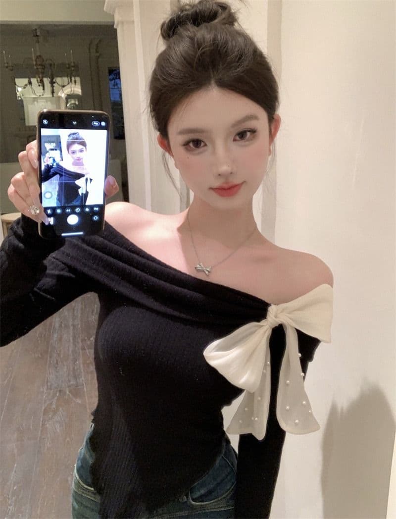 뮤 S 양모 빨간색 오프숄더 긴팔 니트 스웨터 여성 가을 착용 가져 가라. 몸매 가꾸기 스웨터 인사이드 잡아라. 의류 상세 이미지 13