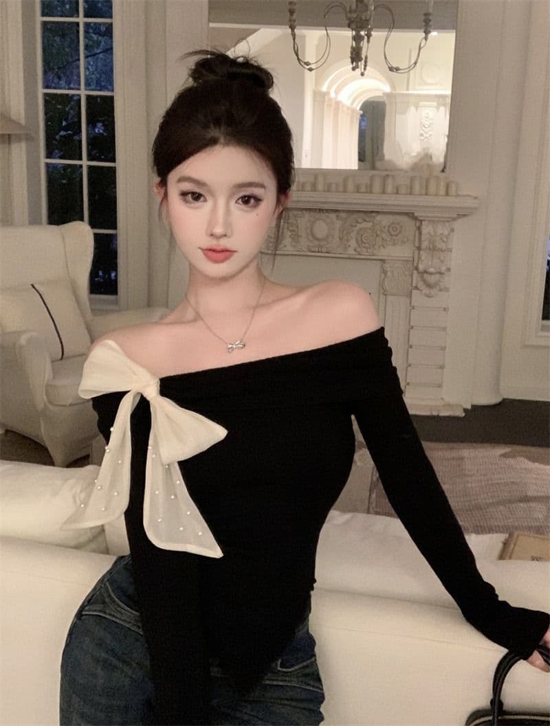 뮤 S 양모 빨간색 오프숄더 긴팔 니트 스웨터 여성 가을 착용 가져 가라. 몸매 가꾸기 스웨터 인사이드 잡아라. 의류 상세 이미지 15