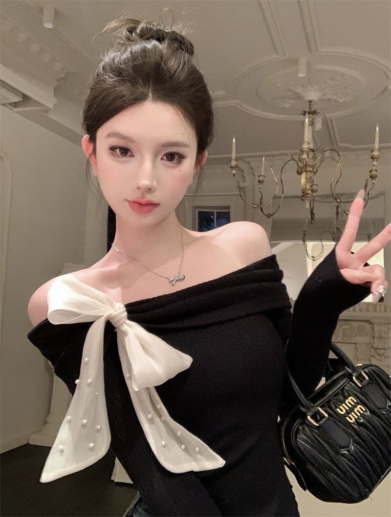 뮤 S 양모 빨간색 오프숄더 긴팔 니트 스웨터 여성 가을 착용 가져 가라. 몸매 가꾸기 스웨터 인사이드 잡아라. 의류 상세 이미지 16