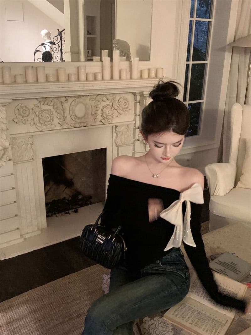 뮤 S 양모 빨간색 오프숄더 긴팔 니트 스웨터 여성 가을 착용 가져 가라. 몸매 가꾸기 스웨터 인사이드 잡아라. 의류 상세 이미지 17