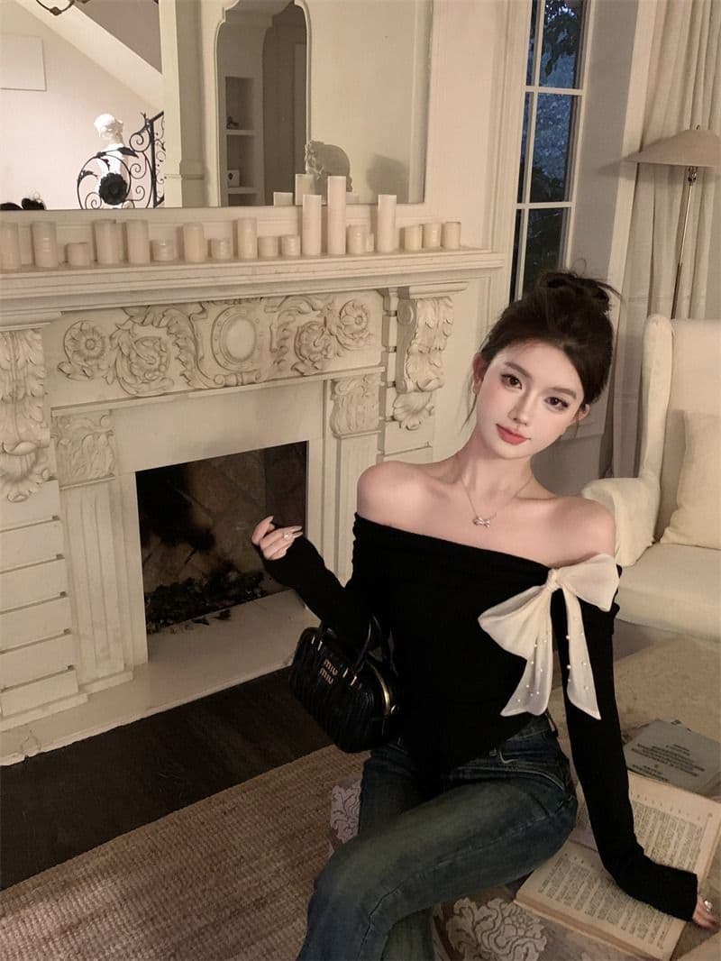 뮤 S 양모 빨간색 오프숄더 긴팔 니트 스웨터 여성 가을 착용 가져 가라. 몸매 가꾸기 스웨터 인사이드 잡아라. 의류 상세 이미지 18