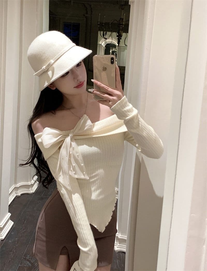 뮤 S 양모 빨간색 오프숄더 긴팔 니트 스웨터 여성 가을 착용 가져 가라. 몸매 가꾸기 스웨터 인사이드 잡아라. 의류 상세 이미지 19