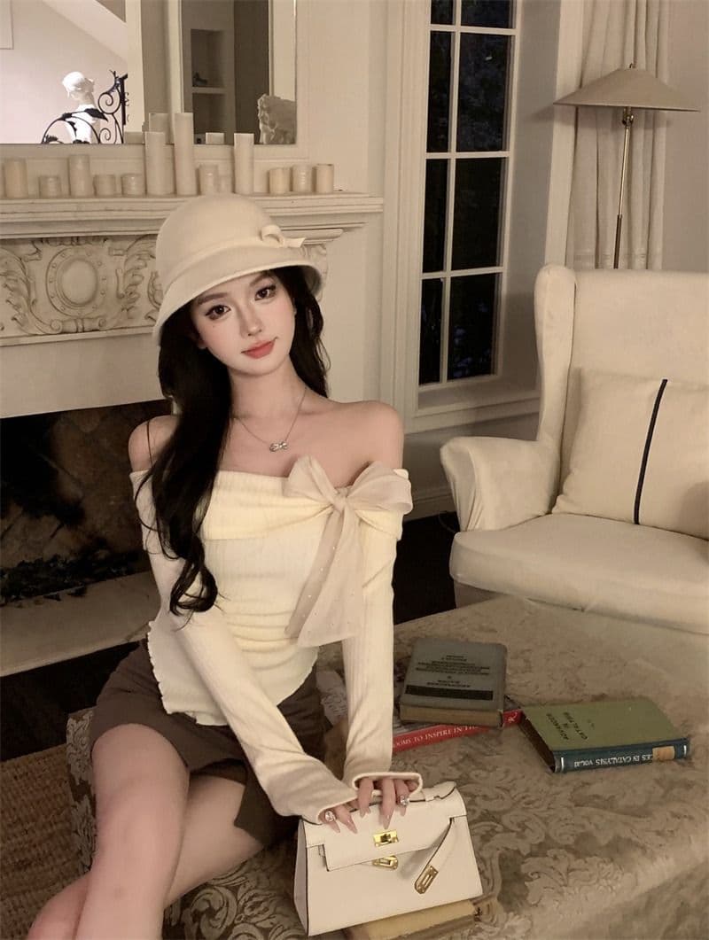 뮤 S 양모 빨간색 오프숄더 긴팔 니트 스웨터 여성 가을 착용 가져 가라. 몸매 가꾸기 스웨터 인사이드 잡아라. 의류 상세 이미지 22