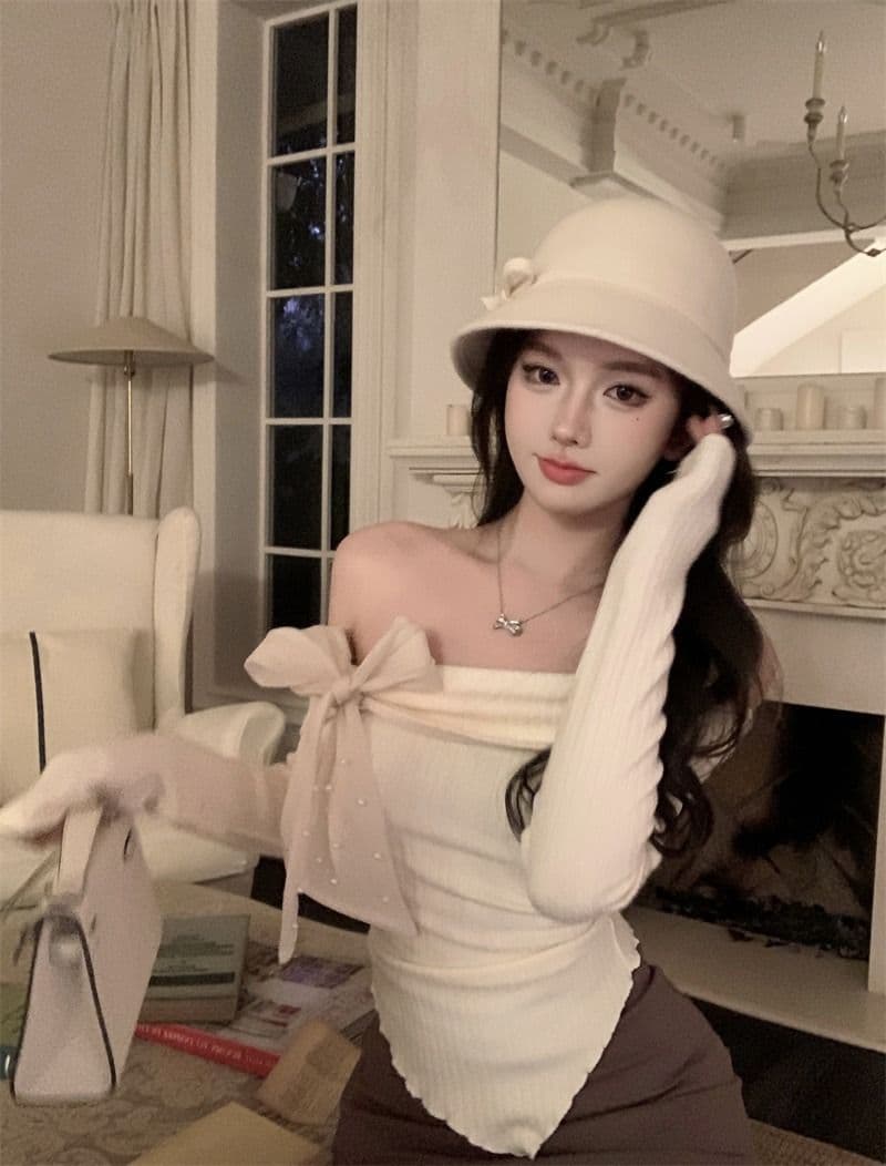 뮤 S 양모 빨간색 오프숄더 긴팔 니트 스웨터 여성 가을 착용 가져 가라. 몸매 가꾸기 스웨터 인사이드 잡아라. 의류 상세 이미지 23