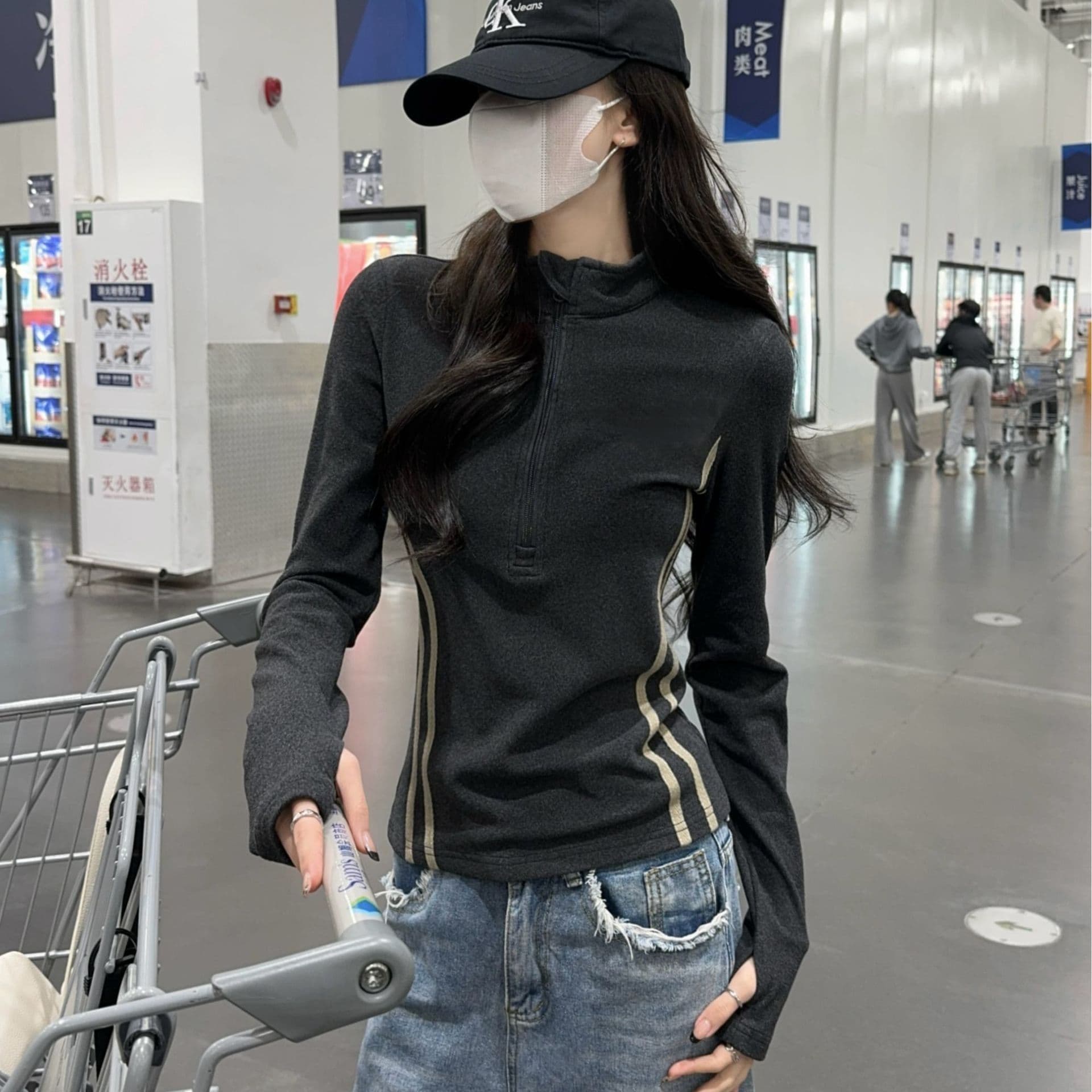 원본 것 반 개방 칼라 지퍼 연삭 털 De 플러시 스탠드 칼라 기본 셔츠 맨위 평행 막대 스트라이프 긴팔 티셔츠 이미지 2
