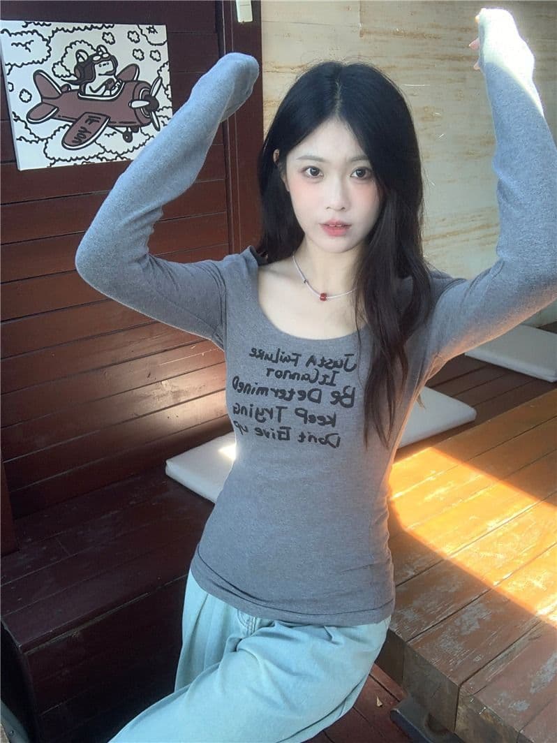 있음 선적 모달 사람들 면 아메리칸 핫걸 라운드 넥 긴팔 티셔츠 여성 가을 회색 기본 셔츠 몸매 가꾸기 인사이드 가져 가라. 상세 이미지 2