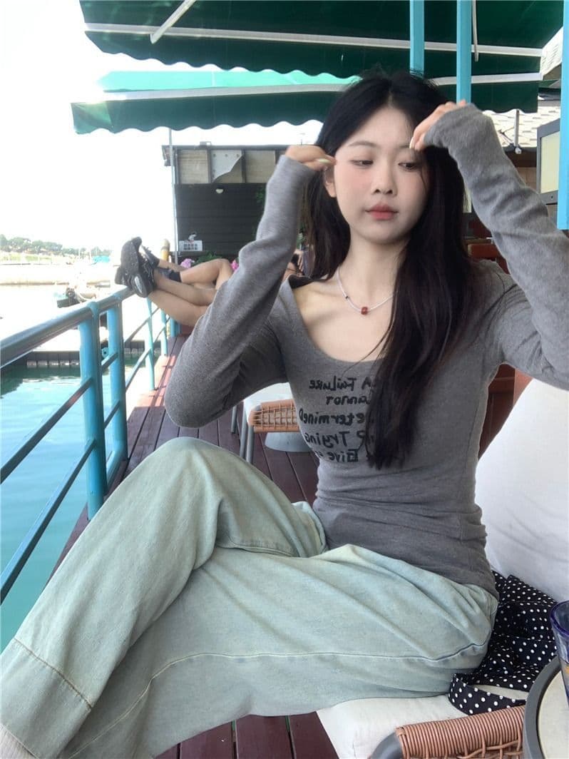 있음 선적 모달 사람들 면 아메리칸 핫걸 라운드 넥 긴팔 티셔츠 여성 가을 회색 기본 셔츠 몸매 가꾸기 인사이드 가져 가라. 상세 이미지 3