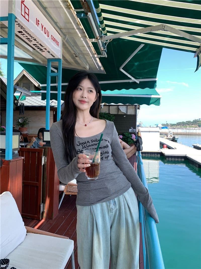 있음 선적 모달 사람들 면 아메리칸 핫걸 라운드 넥 긴팔 티셔츠 여성 가을 회색 기본 셔츠 몸매 가꾸기 인사이드 가져 가라. 상세 이미지 4