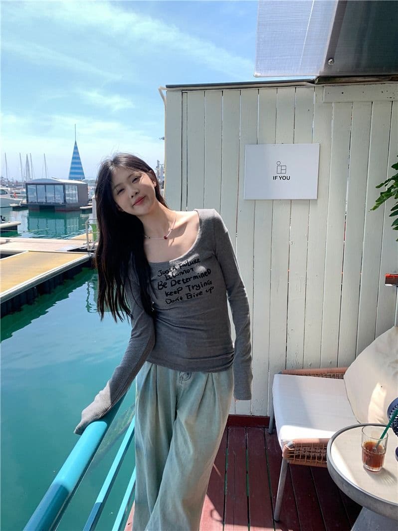있음 선적 모달 사람들 면 아메리칸 핫걸 라운드 넥 긴팔 티셔츠 여성 가을 회색 기본 셔츠 몸매 가꾸기 인사이드 가져 가라. 상세 이미지 7