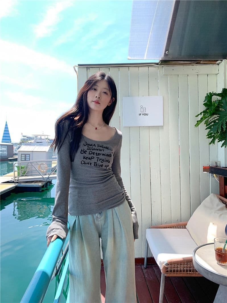 있음 선적 모달 사람들 면 아메리칸 핫걸 라운드 넥 긴팔 티셔츠 여성 가을 회색 기본 셔츠 몸매 가꾸기 인사이드 가져 가라. 상세 이미지 10