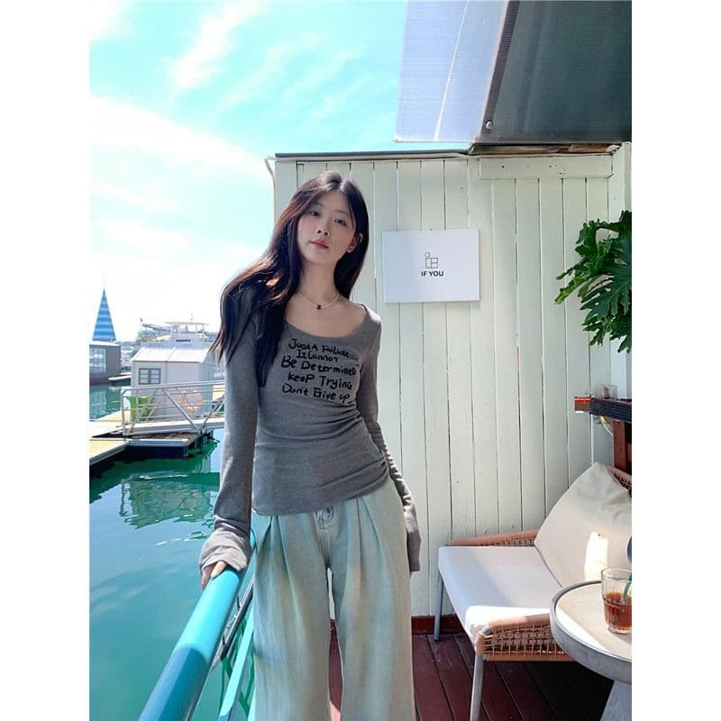 있음 선적 모달 사람들 면 아메리칸 핫걸 라운드 넥 긴팔 티셔츠 여성 가을 회색 기본 셔츠 몸매 가꾸기 인사이드 가져 가라. 상세 이미지 16