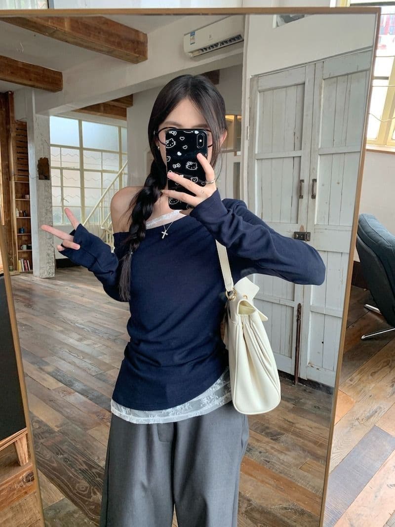 모달 사람들 면 오프숄더 화이트 레이스 비스듬한 어깨 티셔츠 여성 가을 몸매 가꾸기 쇼트 스타일 오프숄더 기본 셔츠 상세 이미지 11