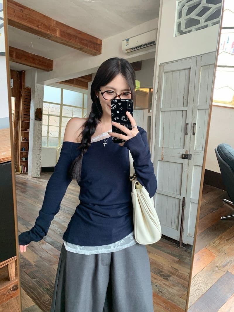 모달 사람들 면 오프숄더 화이트 레이스 비스듬한 어깨 티셔츠 여성 가을 몸매 가꾸기 쇼트 스타일 오프숄더 기본 셔츠 상세 이미지 15