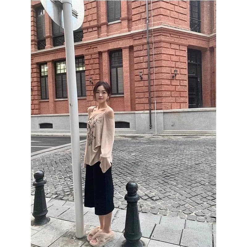 경관 그림 원본 품질 달콤한 핫걸 행침 목 긴팔 티셔츠 여성 자외선 차단 블라우스 오프숄더 맨위 상세 이미지 6