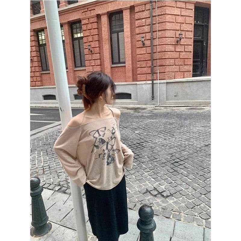 경관 그림 원본 품질 달콤한 핫걸 행침 목 긴팔 티셔츠 여성 자외선 차단 블라우스 오프숄더 맨위 상세 이미지 9