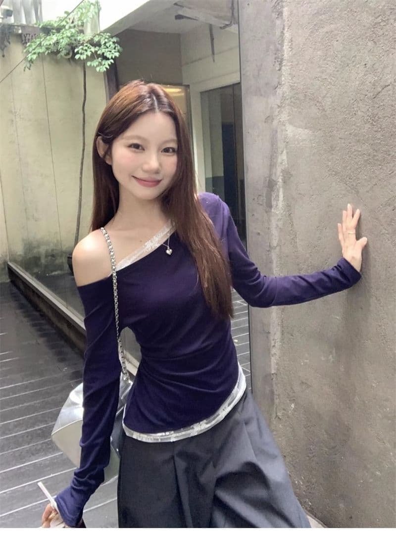 있음 선적 경관 그림 모달 사람들 면 원본 품질 오프숄더 화이트 레이스 비스듬한 어깨 티셔츠 오프숄더