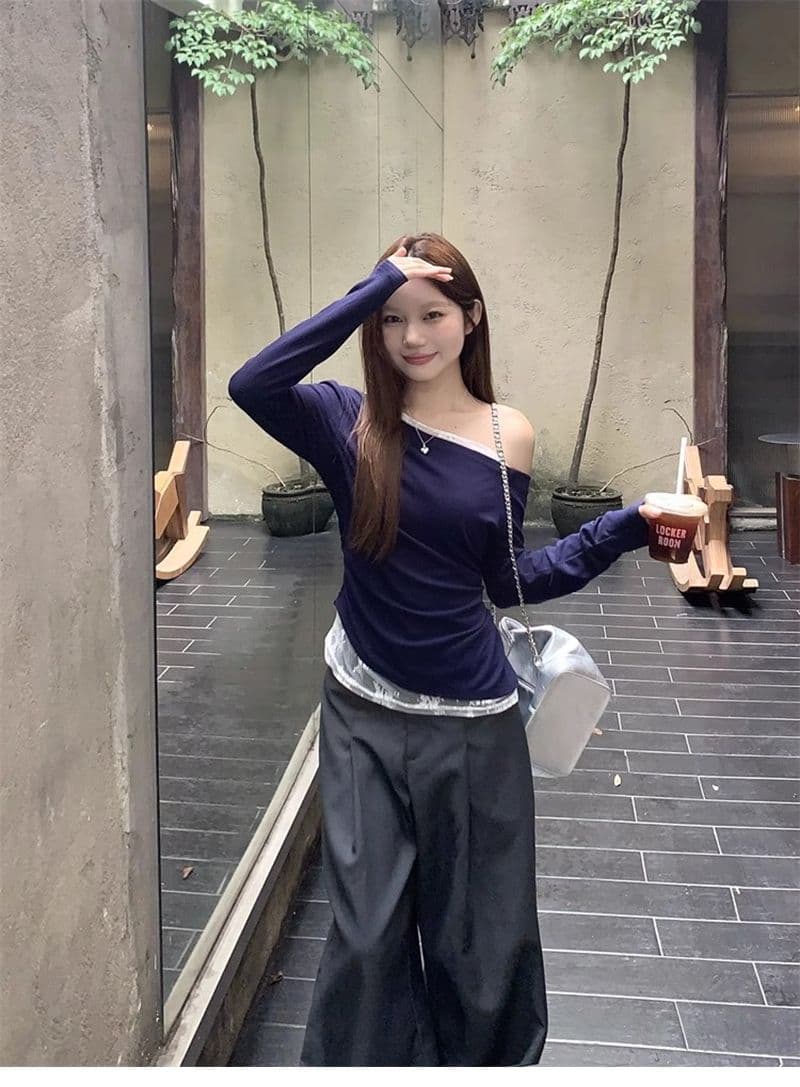 있음 선적 경관 그림 모달 사람들 면 원본 품질 오프숄더 화이트 레이스 비스듬한 어깨 티셔츠 오프숄더 상세 이미지 5